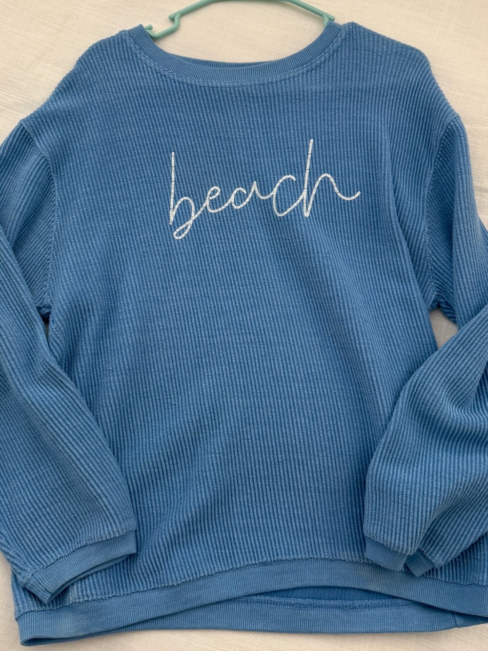 Pink Lily Blue Ribbed 'Beach' Crewneck Sweater